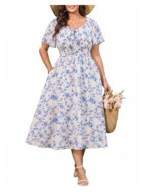Plus Size Boho Maxi Dress Scoop Neck Tie Front Flowy Casual